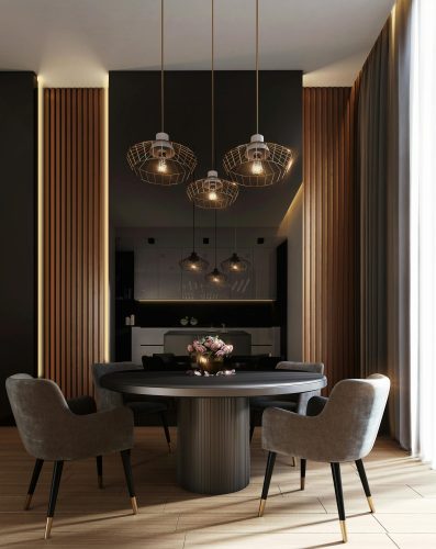 A sophisticated, contemporary dining room with elegant lighting and luxurious furnishings.